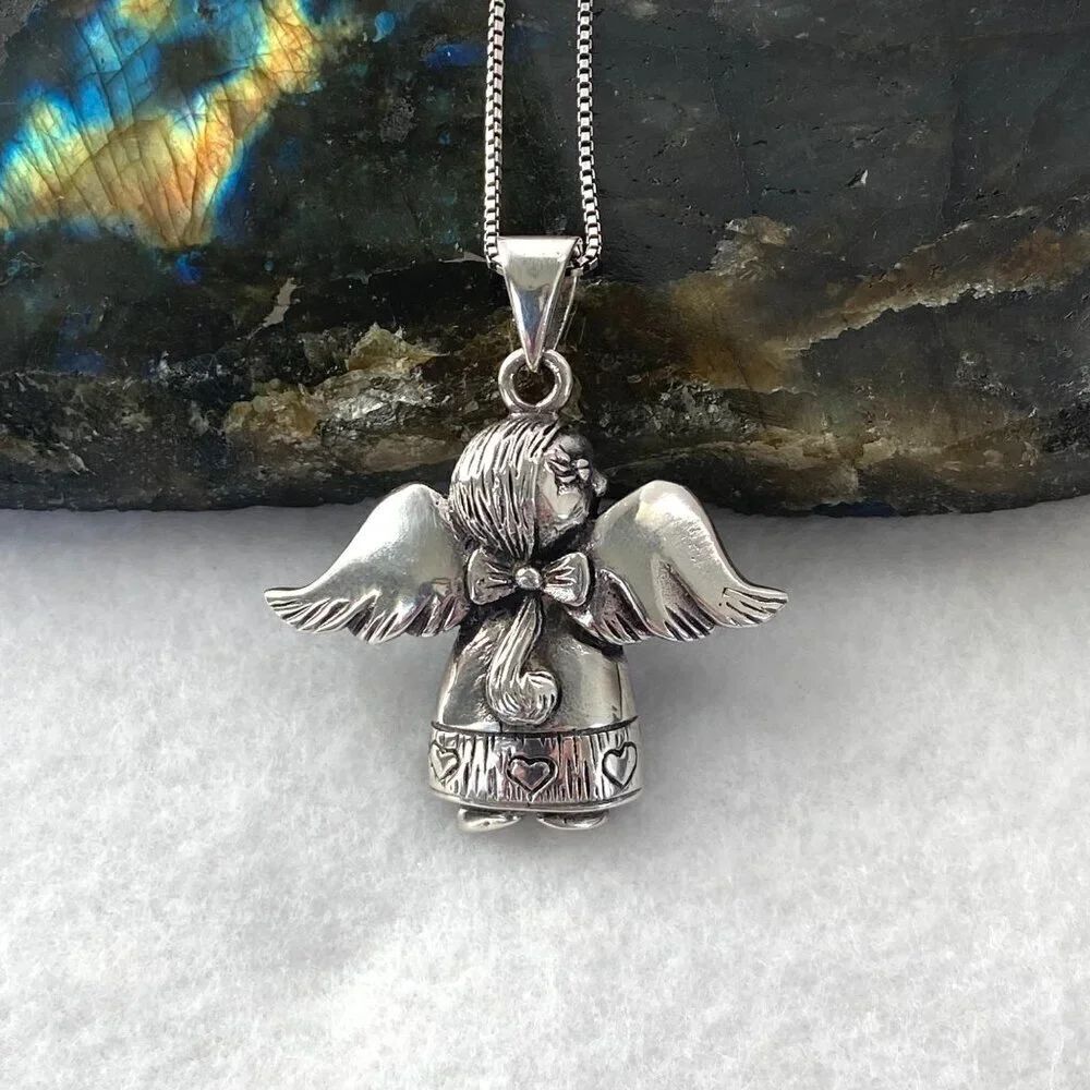 Solid Sterling Silver 925 Religious Figural Angel Wings Chunky Pendant Necklace